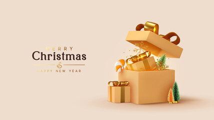 Wall Mural - realistic beige gifts boxes. open gift box full of decorative festive object. new year and christmas