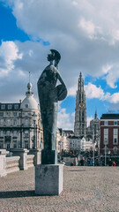 Poster - ANTWERP, BELGIUM - Feb 14, 2014: Minerva Statue and a lamp post in the center of Antwerp