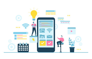 People Build Mobile App Development Process Flat Design Illustration