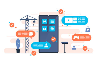 Heavy Vehicle Build Mobile App Development Process Flat Illustration