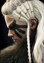 Portrait Side View Of A Fierce Viking Female Warrior With White Braided Hair And Black Face Paint Markings. 3d Rendering