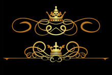 Royal Crown Illustration, Set, Gold Ornament Patterns On A Black Background For Your Design, Vintage, Close-up, Vector Graphics