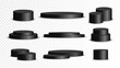 © Happy-Lucky - Set of black circle base. Collection of podium stand isolated on transparent background. Stage empty for decor product, advertising, show, contest, award, winner. Platform studio. Vector illustration.
