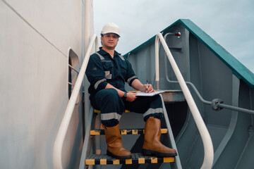 Marine Deck Officer or Chief mate on deck of offshore vessel or ship doing check and filling checklist. Paperwork at sea. Ship is on background