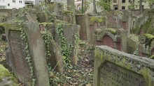 Old Jewish Cemetery With Gravestones Covered With Leaves In Battonstrasse Next To Judengasse In Frankfurt Am Main Germany.  800 Years Of Jewish History. 4k. Slow Motion.