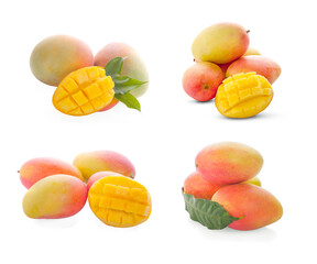 Wall Mural - Mango fruit with mango cubes and slices. Isolated on a white background