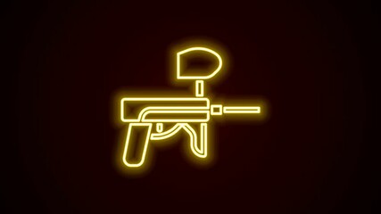 Sticker - Glowing neon line Paintball gun icon isolated on black background. 4K Video motion graphic animation