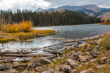  Woods Lake With Fall Color on Flat Top, Middle and Dolores Peaks, Placerville, Colorado, USA