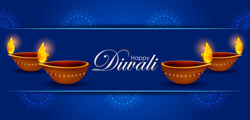 Canvas Print - Happy Diwali decorated diya lamp on light festival of India greeting background in vector