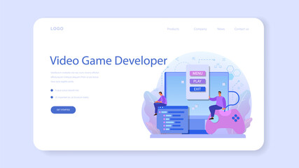 Game development web banner or landing page. Creative process