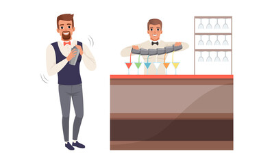 Poster - Man Bartender Standing at the Bar Counter Mixing and Shaking Alcoholic Cocktails Vector Illustration Set