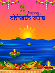 Sticker - Traditional festival of Bhiar, Bengal and Nepal Chhath Puja in vector