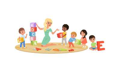 Sticker - Little Kids Playing with Alphabet Blocks in Kindergarten Vector Illustration