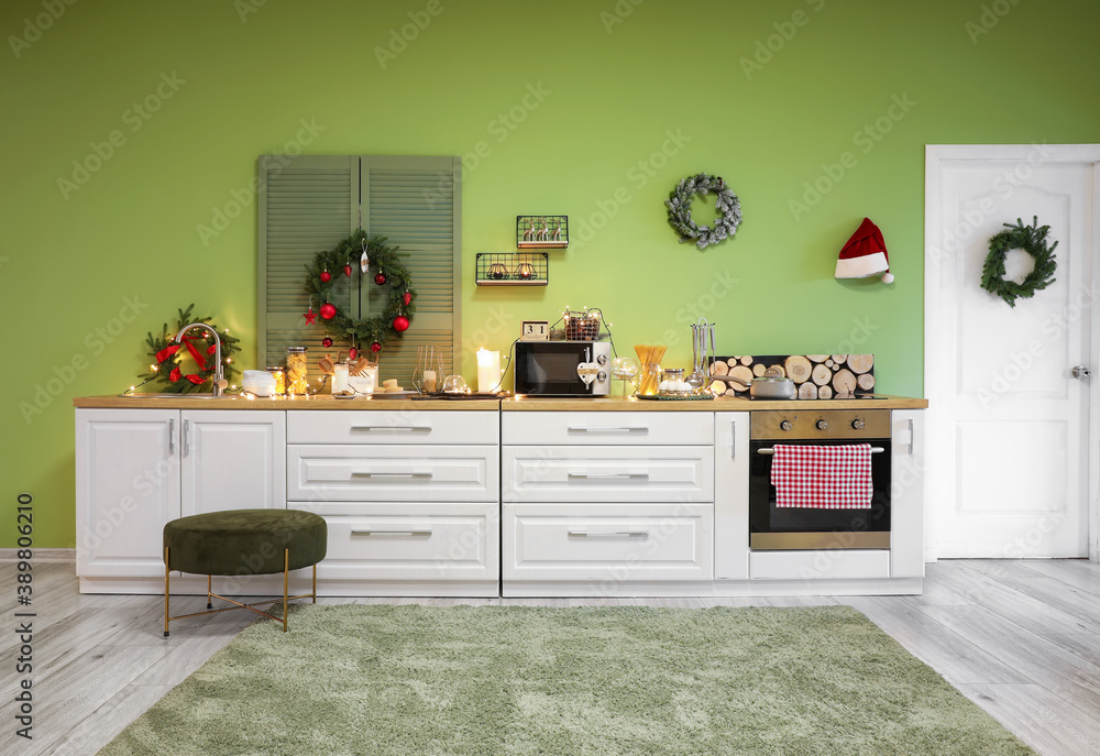 Interior of modern kitchen decorated for Christmas