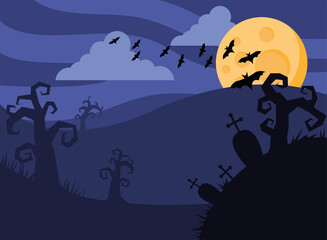 Poster - happy halloween card with bats flying and fullmoon