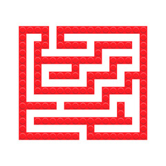 Wall Mural - Square maze red bricks toy labyrinth game for kids. Labyrinth logic conundrum. One entrance and one right way to go. Vector bright flat illustration isolated on white background.