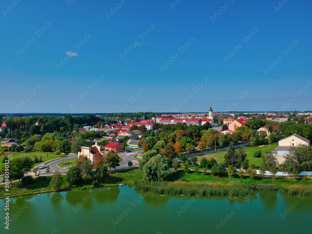 Aerial view of a beautiful cityscape by the sea in Belarus - obrazy, fototapety, plakaty 