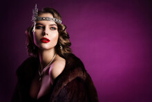 Retro Fashion Model In Fur Coat, Diadem, Woman Beauty Vintage Hairstyle Makeup, Old Fashioned Portrait Over Purple Background
