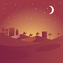 Wall Mural - happy merry christmas card with magic kings in camels silhouettes desert scene