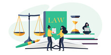 Law And Justice Concept. Scales Of Justice, The Building Of The Judge And The Hammer Of The Judge. Supreme Court. Vector Illustration In Cartoon Flat Style