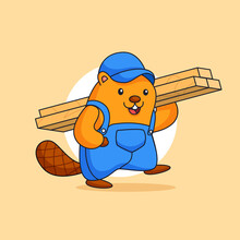 Happy Cute Beaver Carrying Bulk Wood Vector Illustration For Carpenter Occupation Animal Mascot Character Vector Illustration Cartoon Design