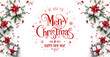 Merry Christmas and Happy New Year text on white background with gift boxes, ribbons, red decoration, fir branches, bokeh, sparkles and confetti. Xmas greeting card, bokeh, light. Top view, banner