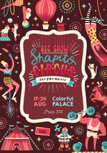 Vintage Invitation Template For Shapito Performance With Circus Artists And Trained Animals. Vertical Poster With Cirque Performers For Festive Show. Flat Vector Cartoon Illustration
