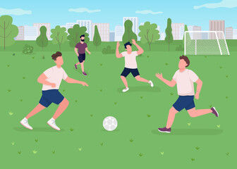 Wall Mural - Outdoor football match flat color vector illustration. Sportsman playing game. Athletes on field with goal. Active lifestyle. Soccer team 2D cartoon characters with urban park on background