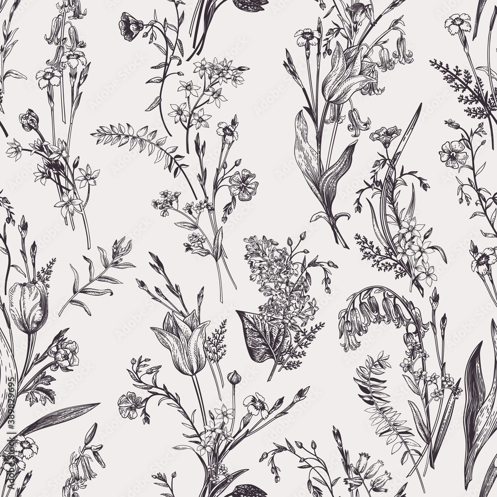 Seamless botanical pattern. Black and white. Stock Vector | Adobe Stock