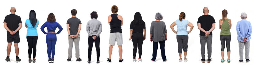 Wall Mural - rear view of a  group of women and men wearing sportswear on white background