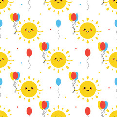 Wall Mural - Cute cartoon style vector seamless pattern background with sun character holding a bunch of colorful balloons in hand.