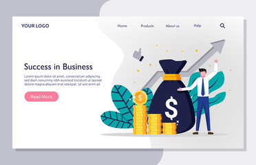 Wall Mural - Landing page template of business concept. Success businessman with sack of money and arrow symbol.