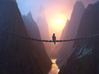 woman sitting on a bridge over the abyss