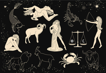 Poster - Zodiac signs collection. Mystical, esoteric symbols of astrology. Gold illustrations of women, animals. Mysterious images in the starry sky.