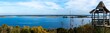 Panorama of Dnieper river with abandoned garden house near Stayky, Kyiv district, autumn