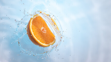 Wall Mural - Fresh ripe half of orange fruit splashing into clear water.