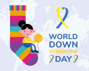 Wall Mural - world down sindrome day campaign poster with little girl seated in colors socks