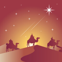 Wall Mural - happy merry christmas card with magic kings in camels silhouette scene