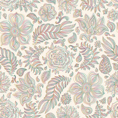  Vector floral seamless pattern. Vintage Paisley elements, fantastic flower, leaves.Dark rainbow colored thin contour line. Fairy foliage in the jungle on beige background. Textile bohemian batik print