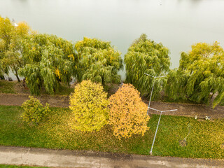 Aerial drone view. Autumn trees on the background of the city lake.