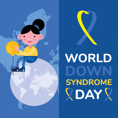 Wall Mural - world down sindrome day campaign poster with little girl and ribbon seated in earth planet