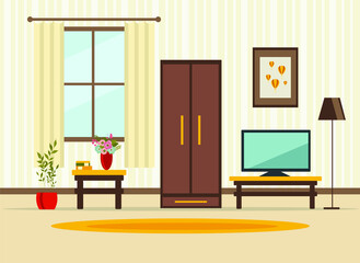 living room interior with furniture, TV, table, window, wardrobe,shelves with books and home flowers, floor lamp. flat cartoon vector illustration