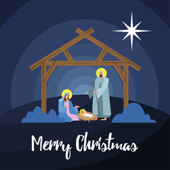 Sticker - happy merry christmas lettering with holy family in stable scene