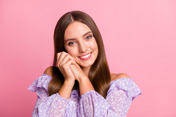 Sticker - Photo of adorable lovely teen girl wear casual purple outfit hands cheek isolated pastel pink color background