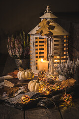 Autumn veranda in night with pumpkins, lights and typical autumn plant (Calluna vulgaris), vertical stock photo