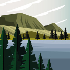 Sticker - beautiful landcape scene with forest and lake