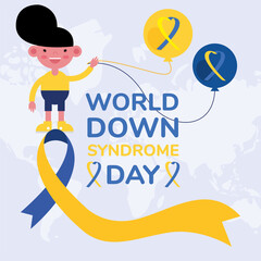 Wall Mural - world down sindrome day campaign poster with little boy and balloons helium