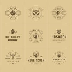 Wall Mural - Butcher shop logos set vector illustration good for farm or restaurant badges with animals and meat silhouettes