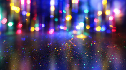 Dark defocused, blurred background with bokeh. Flickering lights, Christmas background.