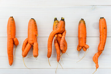 Ugly carrot on a wooden background. Ugly vegetables concept. Horizontal orientation, top view.